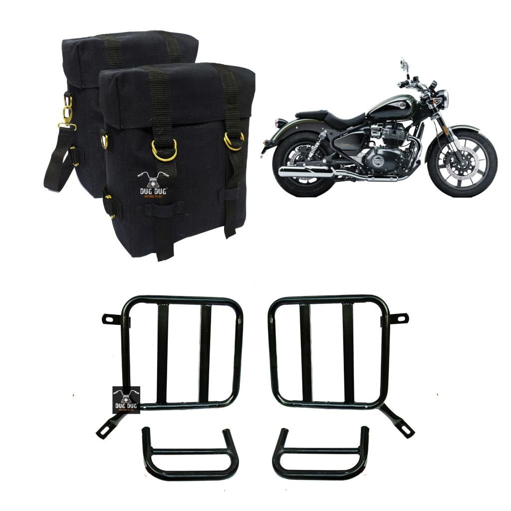 Dug Dug Canvas Bags and Saddle Stay Set for Royal Enfield Super Meteor 650 – Black