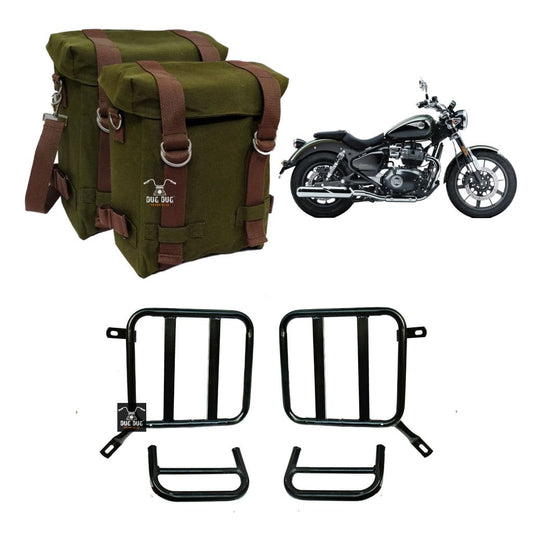 Dug Dug Canvas Bags and Saddle Stay Set for Royal Enfield Super Meteor 650 – Army Green